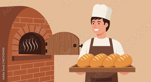 Baker Proudly Presenting Freshly Baked Loaves Of Bread Freshly Out Of The Oven
