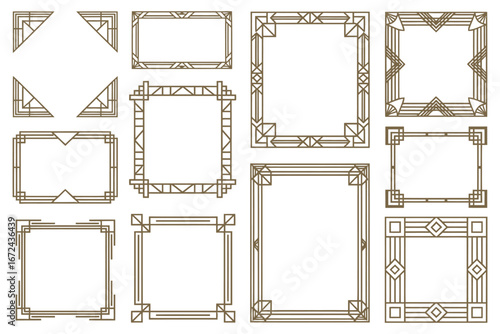 Luxury Art Deco design set featuring gold vintage frames, ornate dividers, corner elements, headers, and borders. Elegant decoration isolated on a dark classic background.