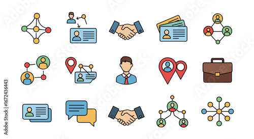 Various business and networking icons in a colorful style