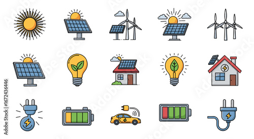 Illustration showing renewable energy sources and components
