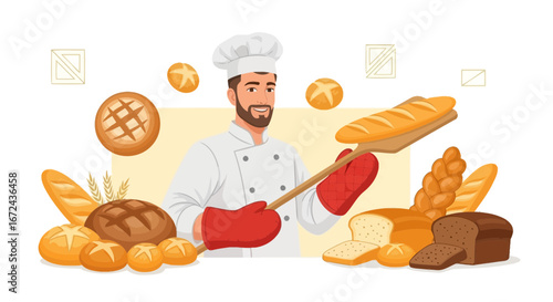 Baker Proudly Presenting Varieties Of Freshly Baked Bread With A Smile