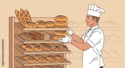 Baker Putting Freshly Baked Bread on Display in a Bakery Shop, Ready to Sell