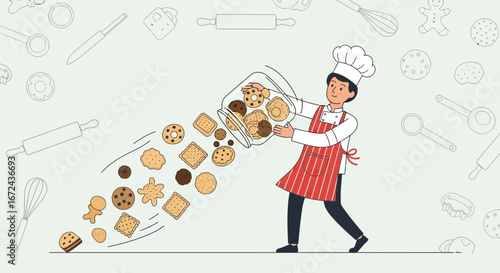 Baker Releasing Biscuits From Jar Into The Air Illustrating Pastry Making Process.