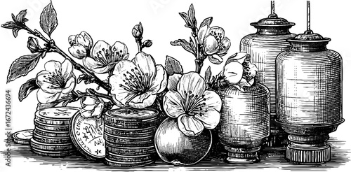 Highly detailed black and white vintage engraving of coins and flowers with decorative vases
