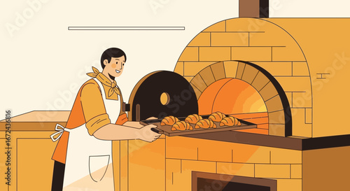 Baker Removing Freshly-Baked Croissants From The Oven In A Brightly Illustrated Scene