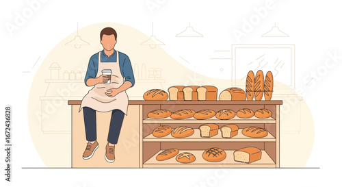 Baker Resting With Coffee Beside Freshly Baked Bread Display In Shop