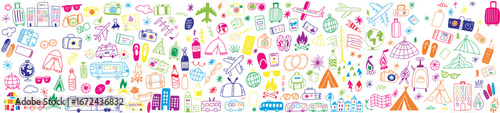 Vibrant doodle collage depicting camping tents, airplanes, cameras, bikes, hikers, mountains, boats, and travel gear icons arranged in a playful border on a dark background