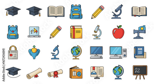 A collection of school supplies and educational equipment