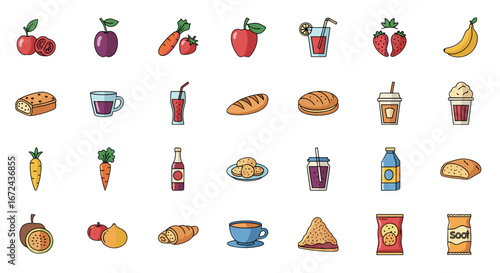 Illustration of various food and drink items in cartoon style