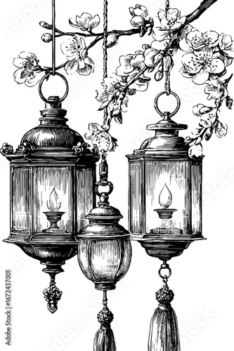 Ornate vintage lanterns and cherry blossoms engraving design for antique decor