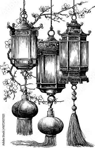 Intricate vintage lanterns engraving with blossoms - perfect for retro art projects