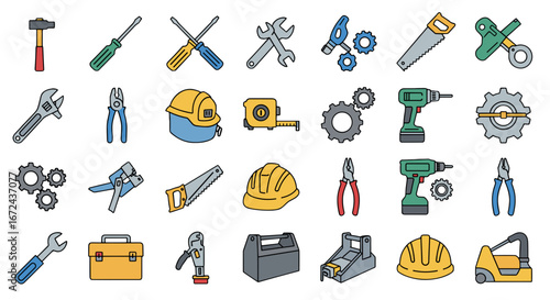 Assortment of colorful construction and repair tools icons set