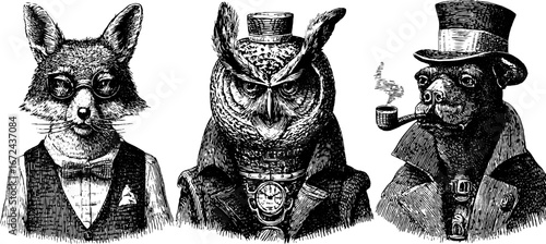 Vintage animal portraits: fox, owl, bear in elegant attire for design use