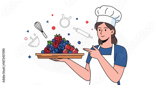 Baker Showcasing Berry Selection Accompanied By Cooking Tools, Flat Design Illustration