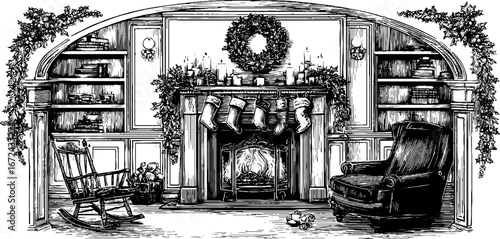Vintage christmas fireplace scene with stockings and wreath - cozy holiday design for decor and prints