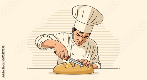 Baker Slicing Artisan Bread, Illustration of Chef Preparing Fresh Baked Loaf