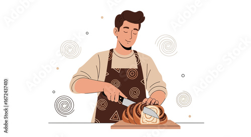 Baker Slicing Freshly Baked Bread with Knife, Preparing a Delicious Meal Design