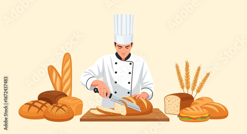 Baker Slicing Loaf Of Bread Amidst Array Of Freshly Baked Goods, Culinary Illustration