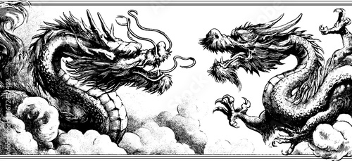 Vintage engraving of dragon duel in clouds - intricate mythical creature art for decoration