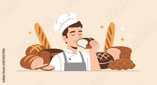 Baker Smells Fresh Bread, Assortment Of Bakery Goods, Food Tasting, Freshness