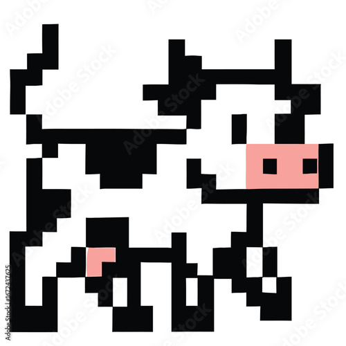Pixel art cow walking right tail raised isolated on white background