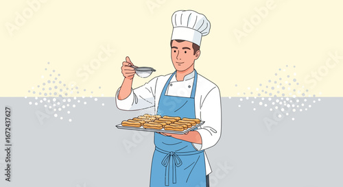Baker Sprinkles Candied Sugar Over Pastries, A Culinary Illustration in a Clean Style