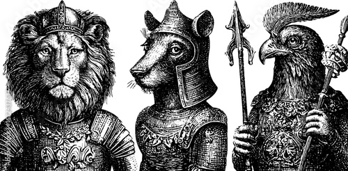 Intricate vintage animal warriors in armor engraving for retro design and decor