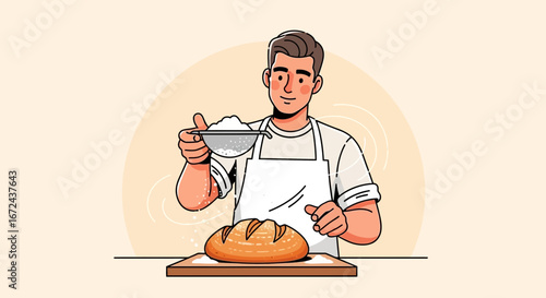 Baker Sprinkling Flour On Newly Baked Loaf Of Bread For Culinary Delight And Bakery