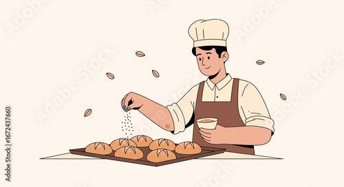 Baker Sprinkling Ingredients on Freshly Baked Bread Ready In The Warm Kitchen