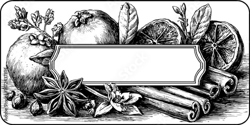 Elegant black and white vintage engraving of citrus and spices for classic label design