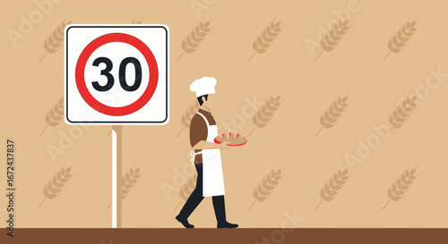 Baker Walking Past a Traffic Sign, Illustrating Speed Limits and Culinary Craftsmanship