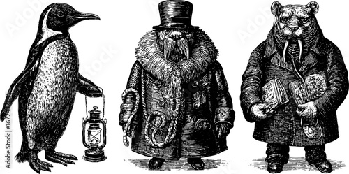 Victorian-inspired animal characters: penguin, walrus, and bear in vintage attire for design and decoration