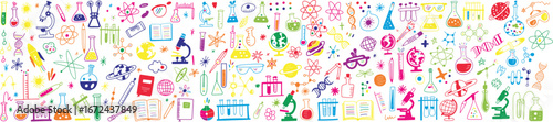 Vibrant science education doodle pattern showcasing colorful laboratory glassware, books, molecules, gears, beakers, and research equipment scattered across a dark backdrop
