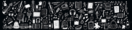 Chalkboard collage of educational tools and classroom essentials featuring books, backpacks, stationery, instruments, sports gear, science icons, and student life items