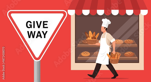 Baker's New Bakery Offering Fresh Bread Varieties With Give Way Street Sign Present