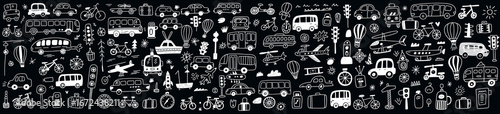 Dark background filled with transportation doodles, displaying cars, buses, trucks, bikes, motorcycles, airplanes, helicopters, boats, ships, trains, trams, taxis, and travel icons