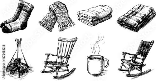 Cozy autumn symbols collection: wool socks, blankets, rocking chairs, and warm beverages for seasonal comfort