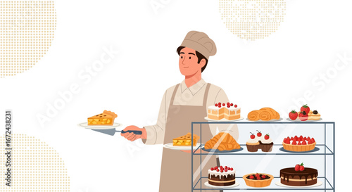 Bakery Chef Showcasing Freshly Baked Pastries and Desserts Behind The Counter