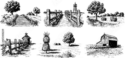 Autumn countryside scenes collection with road and cart designs for rustic decor