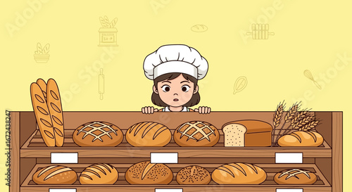 Bakery Delight: A Cheerful Baker Stands Behind Her Delicious Bread Display