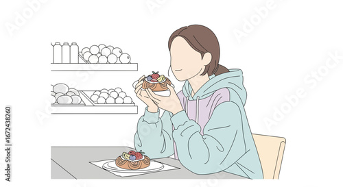 Bakery Delight: A Young Woman Appreciates a Delicious Pastry Before Enjoying It