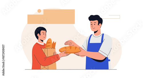 Bakery Exchange: Sharing Fresh Bread With A Customer In An Illustrative Scene