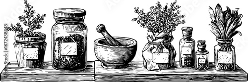 Autumn herbal collection with jars and mortar on shelf for vintage design