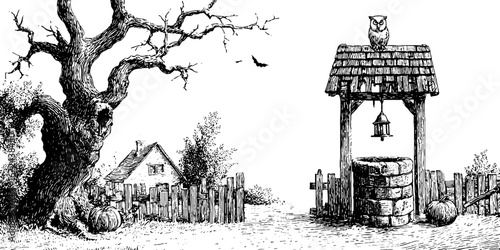 Autumn haunted village scene with abandoned house and owl silhouette for halloween decor