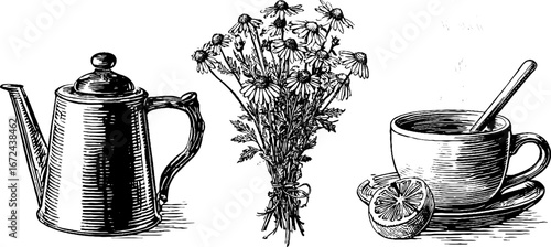Autumn herbal teas collection with vintage sketch of teapot, chamomile, and cup
