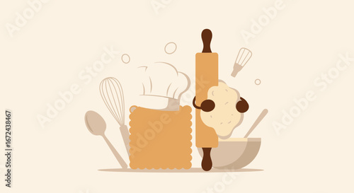 Bakery Illustration: Celebrating Homemade Treats, Featuring Baking Tools and Delicious Ingredients