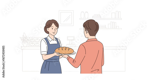 Bakery Interaction: Bread Purchase Illustration Representing Customer Service and Freshness