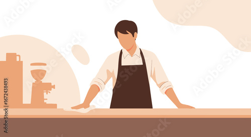 Barista Polishing Surface Preparing For Service In A Modern Coffee Shop Setting