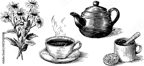 Autumn herbal teas collection with floral elements and teapot design for seasonal decor