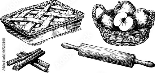 Illustration set of autumn pies and ingredients for seasonal baking design